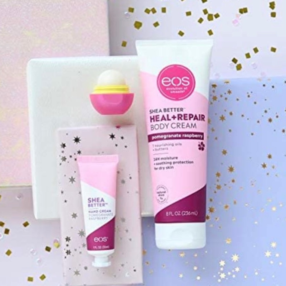 eos lip balm, hand cream and body lotion